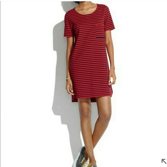 Madewell Pocket Tee Dress in Red and Navy Stripe Size Small - Picture 1 of 5